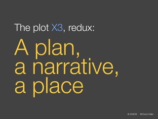The plot X3, redux:

A plan,
a narrative,
a place
                      @ SVADSI   @Cheryl Heller
 