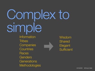 Complex to
simple
  Information     Wisdom
  Tribes          Shared
  Companies       Elegant
  Countries       Sufﬁcient
  Races
  Genders
  Generations
  Methodologies
                              @ SVADSI   @Cheryl Heller
 