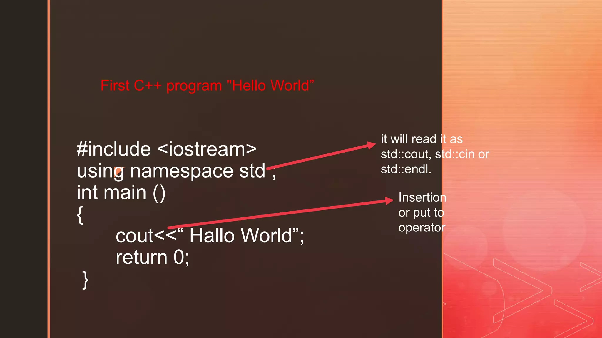 z
#include <iostream>
using namespace std ;
int main ()
{
cout<<“ Hallo World”;
return 0;
}
First C++ program "Hello World”
it will read it as
std::cout, std::cin or
std::endl.
Insertion
or put to
operator