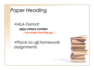 Paper Heading
•MLA Format
–plus unique number
• Successful Teaching pg. 1

•Place on all homework
assignments

 