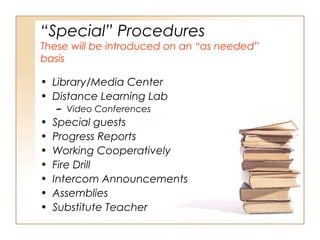 “Special” Procedures

These will be introduced on an “as needed”
basis

• Library/Media Center
• Distance Learning Lab
– Video Conferences

•
•
•
•
•
•
•

Special guests
Progress Reports
Working Cooperatively
Fire Drill
Intercom Announcements
Assemblies
Substitute Teacher

 