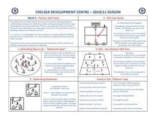 Week 9 - Theme: John Terry
1. Defending Warm Up – “Rollerball style”
CHELSEA DEVELOPMENT CENTRE – 2010/11 SEASON
This weeks session is themed around John terry and is aimed at improving the players
understanding and enjoyment of defending. When coaching young players there is a large
percentage that do not enjoy defending. Therefore, as coaches we need to be creative in
the way we teach defending to our young players. With this in mind, we need to ensure the
following is applied to our defensive practices
1 – It is fun, 2 – It is challenging, 3 - It forces the players to complete different defending
exercises and not isolated actions., 4 – Once possession is regained, the players have the
chance to attack.
The practices in this session are based around small sided games with the simple aim of
building a starting base of enjoyment in defending.
4. SSG – No Attacker Will Pass
Two teams
Each team try to defend their two mini goals
by placing two defenders in the mini zones.
3. The Cole Game
1v1 defending and attacking game
The goalkeeper throws the ball out to the
attacker. The defender now races out to
defend 1v1
The attacker is trying to score in the big goal
and the defender is trying to regain the ball
and score in the mini goals
This game is named after Ashley and Joe Cole
with the defender and attacker taking on
each players role / style of play
Choose 4 players to work as defenders and
start in the central circle. The other players
take a ball each & dribble around the bigger
circle.
2. Defending Dominoes
Start and end each session with fun
Ensure you have a ball to each player
Simple organisation and lay out
Simple rules and communication
No bus queues of players waiting
Develop individual , not teams
Realism ( attack and defend the goals)
Lots of 1v1s against different types of
opponents ( quick, strong, skilful etc)
Inspire with your session, your personality
and your enthusiasm
Encourage attacking football
Encourage hard work
Occasionally set a homework task
ask questions, give choice on techniques
Coach in the “Chelsea” way
Two groups of players.
One defender in each zone
Game 1 – which defender can tackle the four
attackers the quickest?
Game 2 – Continuous game where the player
without a ball must tackle a dribbling player in
order to become a dribbling player. The player
tackled must now react and become the new
defender.
The main game is played in the central pitch.
The aim for the team in possession is to free
a player to dribble into the end zones and
attack 1v1.
The defenders in this zone must play with a
“no one will pass attitude”
circle.
1 – on the coaches whistle the defenders run
to pressure and jockey a dribbling player
(but don't tackle)
2 – now the player run to pressure and see
how many attackers they can tackle in 10
seconds
 