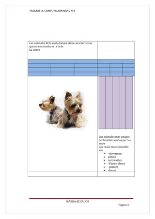 TRABAJO DE COMPUTACION NIVEL N°2




Los animales de la costa tienen otras caracteristicas
que no son similares a la de
La sierra




                                                        Los animales mas amigos
                                                        del hombre son los perros
                                                        entre
                                                        Las razas mas conocidas
                                                        son
                                                             -doverman
                                                             pitbull
                                                             rott wailler
                                                             -Pastor alema
                                                             -pointer
                                                             -lassie




                              IBARRA-ECUADOR
                                                                       Página 4
 