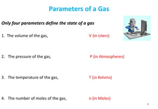 5
Only four parameters define the state of a gas
1. The volume of the gas, V (in Liters)
2. The pressure of the gas, P (in Atmospheres)
3. The temperature of the gas, T (in Kelvins)
4. The number of moles of the gas, n (in Moles)
Parameters of a Gas
 