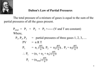 9
Dalton's Law of Partial Pressures
The total pressure of a mixture of gases is equal to the sum of the
partial pressures of all the gases present.
Ptotal = P1 + P2 + P3 +----- (V and T are constant)
Where,
P1, P2, P3 = partial pressures of three gases 1, 2, 3,….
PV = n R T
P1 = n1 (
RT
V
), P2 = n2(
RT
V
) , P3 = n3(
RT
V
)
 Pt = (n1 + n2 + n3) (
RT
V
)
Pt = (ntotal) (
RT
V
)
 