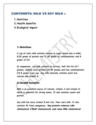 CONTEMNTS: MILK VS SOY MILK :-
1.Nutrition
2.Health benefits
3.Ecological impact
1. Nutrition
A cup of cow’s milk contains lactose (a sugar found only in milk),
8.03 grams of protein and 11.49 grams of carbohydrates and 8
grams of fat.
In comparison, soy milk contains no lactose, half the fat (4.7
grams), slightly more protein (10.98 grams) and less carbohydrates
(12.8 grams ) per cup. Soy milk naturally contains much less
calcium and vitamin B.
2. Health benefits
Milk is an excellent source of calcium, vitamin A and vitamin D,
which is essential for strong bones. It also contains casein and
protein.
Soy milk has more vitamin B and iron, than cow’s milk. It also
contains 42 times manganese. Soy protein reduces LDL
cholesterol (“Bad” cholesterol) and raise HDL cholesterol
 
