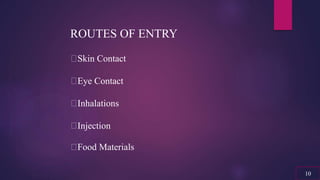 ROUTES OF ENTRY
Skin Contact
Eye Contact
Inhalations
Injection
Food Materials
10
 