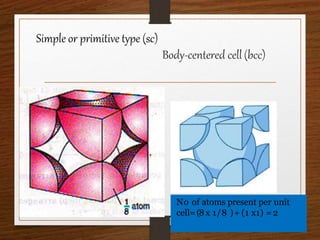 Simple or primitive type (sc)
Body-centered cell(bcc)
No of atoms present per unit
cell=(8x 1/8 )+ (1 x1) =2
 