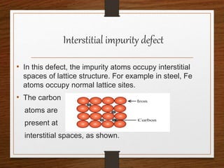 Interstitial impurity defect
• In this defect, the impurity atoms occupy interstitial
spaces of lattice structure. For example in steel, Fe
atoms occupy normal lattice sites.
• The carbon
atoms are
present at
interstitial spaces, as shown.
 
