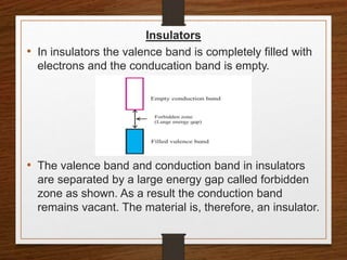 Insulators
• In insulators the valence band is completely filled with
electrons and the conducation band is empty.
• The valence band and conduction band in insulators
are separated by a large energy gap called forbidden
zone as shown. As a result the conduction band
remains vacant. The material is, therefore, an insulator.
 