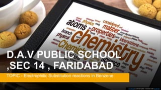 D.A.V PUBLIC SCHOOL
,SEC 14 , FARIDABAD
TOPIC - Electrophilic Substitution reactions in Benzene
This Photo by Unknown author is licensed under CC BY-SA.
 