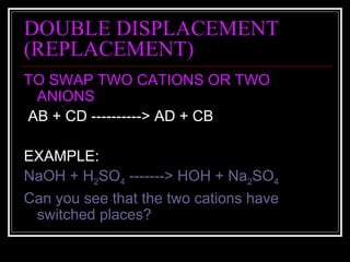 DOUBLE DISPLACEMENT (REPLACEMENT) TO SWAP TWO CATIONS OR TWO ANIONS AB + CD ----------> AD + CB EXAMPLE: NaOH + H 2 SO 4  -------> HOH + Na 2 SO 4 Can you see that the two cations have switched places? 