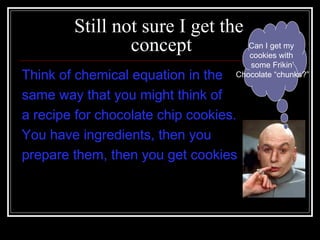 Still not sure I get the  concept Think of chemical equation in the  same way that you might think of  a recipe for chocolate chip cookies. You have ingredients, then you  prepare them, then you get cookies Can I get my  cookies with  some Frikin’ Chocolate “chunks?” 