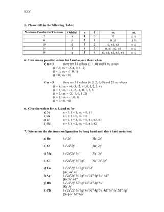 KEY



5. Please Fill in the following Table:

Maximum Possible # of Electrons   Orbital       n        l               ml                ms
               2                    s           1        0                0                ±½
               6                    p           2        1              0, ±1              ±½
              10                    d           3        2            0, ±1, ±2            ±½
              14                    f           4        3          0, ±1, ±2, ±3          ±½
              18                    g           5        4        0, ±1, ±2, ±3, ±4        ±½

6. How many possible values for l and ml are there when
           a) n = 3        there are 3 l values (2, 1, 0) and 9 ml values
                   (l = 2; ml = -2,-1, 0, 1, 2)
                   (l = 1; ml = -1, 0, 1)
                   (l = 0; ml = 0)

               b) n = 5       there are 5 l values (4, 3, 2, 1, 0) and 25 ml values
                      (l = 4; ml = -4, -3, -2, -1, 0, 1, 2, 3, 4)
                      (l = 3; ml = -3, -2, -1, 0, 1, 2, 3)
                      (l = 2; ml = -2, -1, 0, 1, 2)
                      (l = 1; ml = -1, 0, 1)
                      (l = 0; ml =0)

6. Give the values for n, l, and ml for
              a) 3p           n = 3, l = 1, ml = 0, ±1
              b) 2s           n = 2, l = 0, ml = 0
              c) 4f           n = 4, l = 3, ml = 0, ±1, ±2, ±3
              d) 5d           n = 5, l = 2, ml = 0, ±1, ±2

7. Determine the electron configuration by long hand and short hand notation:

               a) Be          1s2 2s2                  [He] 2s2

               b) O           1s2 2s2 2p4              [He] 2p4

               c) Mg          1s2 2s2 2p6 3s2          [Ne] 3s2

               d) Cl          1s2 2s2 2p6 3s2 3p5      [Ne] 3s2 3p5

               e) Co          1s2 2s2 2p6 3s2 3p6 4s2 3d7
                              [Ar] 4s2 3d7
               f) Ag          1s2 2s2 2p6 3s2 3p6 4s2 3d10 4p6 5s1 4d10
                              [Kr]5s1 4d10
               g) Rb          1s2 2s2 2p6 3s2 3p6 4s2 3d10 4p6 5s1
                              [Kr]5s1
               h) Pb          1s2 2s2 2p6 3s2 3p6 4s2 3d10 4p6 5s2 4d10 5p6 6s2 5d10 6p2
                              [Xe] 6s2 5d10 6p2
 