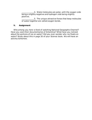 Lesson Plan about Polarity, Adhesion and Cohesion | DOCX