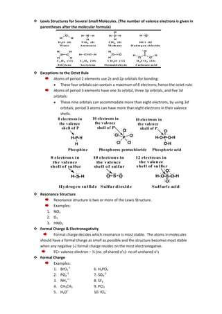  Lewis Structures for Several Small Molecules. (The number of valence electrons is given in
parentheses after the molecular formula)
O
H

H
H

H 2O (8)
Water
H

N

H

H
N H 3 (8)
Am m on ia

H
C

C

H
C H
H
CH 4 (8)
Meth ane

H

H

HCl (8)
Hyd ro g en ch lo ride
O

H
H

C

C

H

C
l

C

O

H
H
C2 H 4 (12)

C2 H 2 (10)

H
CH 2O (12)

Eth ylene

Acetylene

Fo rmald ehy de

H

C
H
O
O
H 2CO 3 (24)
Carbo nic acid

 Exceptions to the Octet Rule
Atoms of period 2 elements use 2s and 2p orbitals for bonding:
These four orbitals can contain a maximum of 8 electrons; hence the octet rule.
Atoms of period 3 elements have one 3s orbital, three 3p orbitals, and five 3d
orbitals:
These nine orbitals can accommodate more than eight electrons, by using 3d
orbitals; period 3 atoms can have more than eight electrons in their valence
shells.
10 electrons in
8 electrons in
10 electrons in
the valence
the valence
th e valen ce
shell of P
sh ell of P
sh ell of P
Cl
O
Cl
Cl
P
H-O-P-O-H
H-P-H
Cl
Cl
O-H
H
Phosph in e
Phosph orus pentachloride Phosph oric acid
8 electron s in
th e valence
sh ell o f sulf ur

10 electron s in
the v alence
shell o f sulf ur

: :
:
: :

12 electro ns in
the v alen ce
s hell of su lfu r
O
O S O
H- O-S-O-H
H- S- H
O
Hy drog en su lfid e S ulfu r d ioxid e
S ulf uric acid

 Resonance Structure
Resonance structure is two or more of the Lewis Structure.
Examples:
1. NO3
2. O3
3. HNO3
 Formal Charge & Electronegativity
Formal charge decides which resonance is most stable. The atoms in molecules
should have a formal charge as small as possible and the structure becomes most stable
when any negative (-) formal charge resides on the most electronegative.
FC= valence electron – ½ (no. of shared e’s)- no of unshared e’s
 Formal Charge
Examples:
1. BrO3-1
6. H3PO4
-3
2. PO4
7. SO4-2
3. NH4+1
8. SF6
4. CH3CH3
9. PCl5
+
5. H3O
10. ICl4-

 