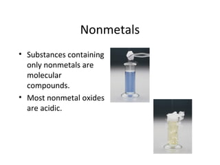 Nonmetals
• Substances containing
only nonmetals are
molecular
compounds.
• Most nonmetal oxides
are acidic.
 
