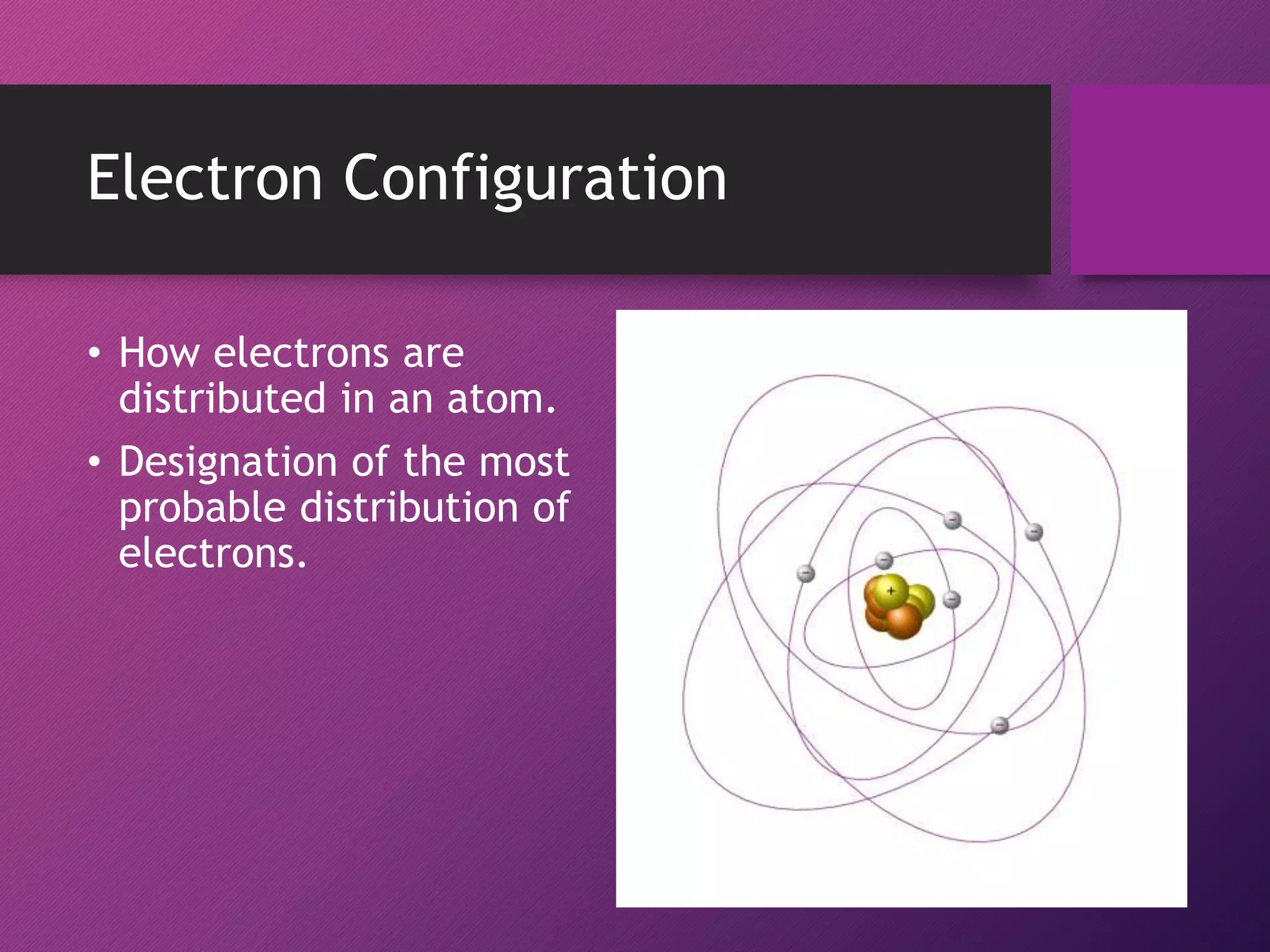 Electron Configuration
• How electrons are
distributed in an atom.
• Designation of the most
probable distribution of
electrons.