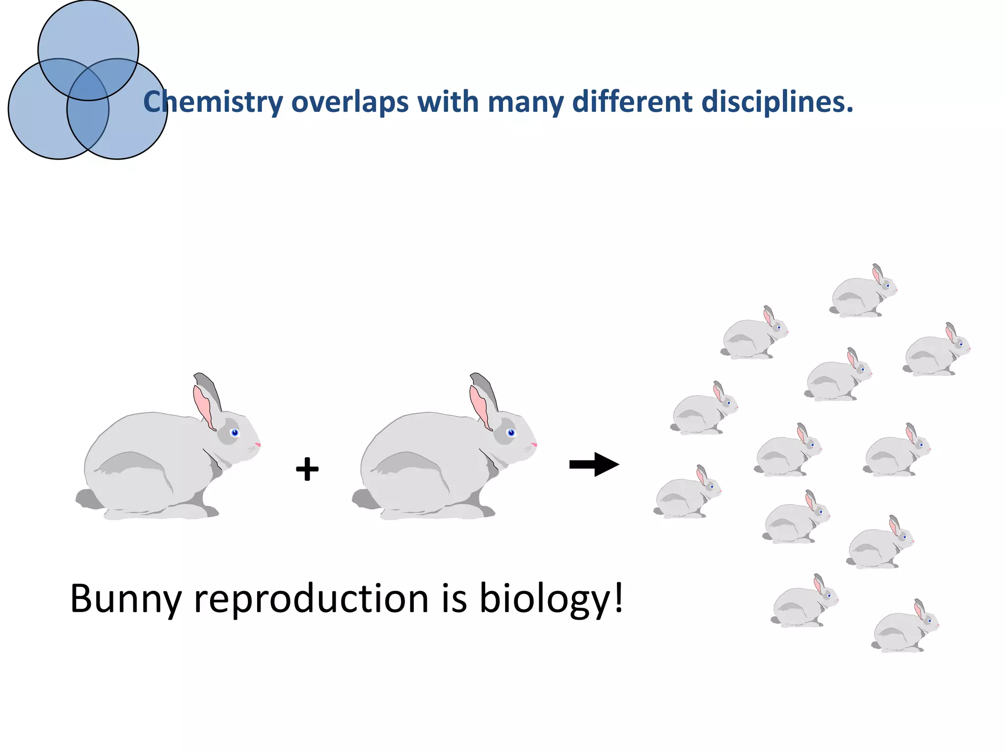 Chemistry overlaps with many different disciplines.




             +

Bunny reproduction is biology!
 