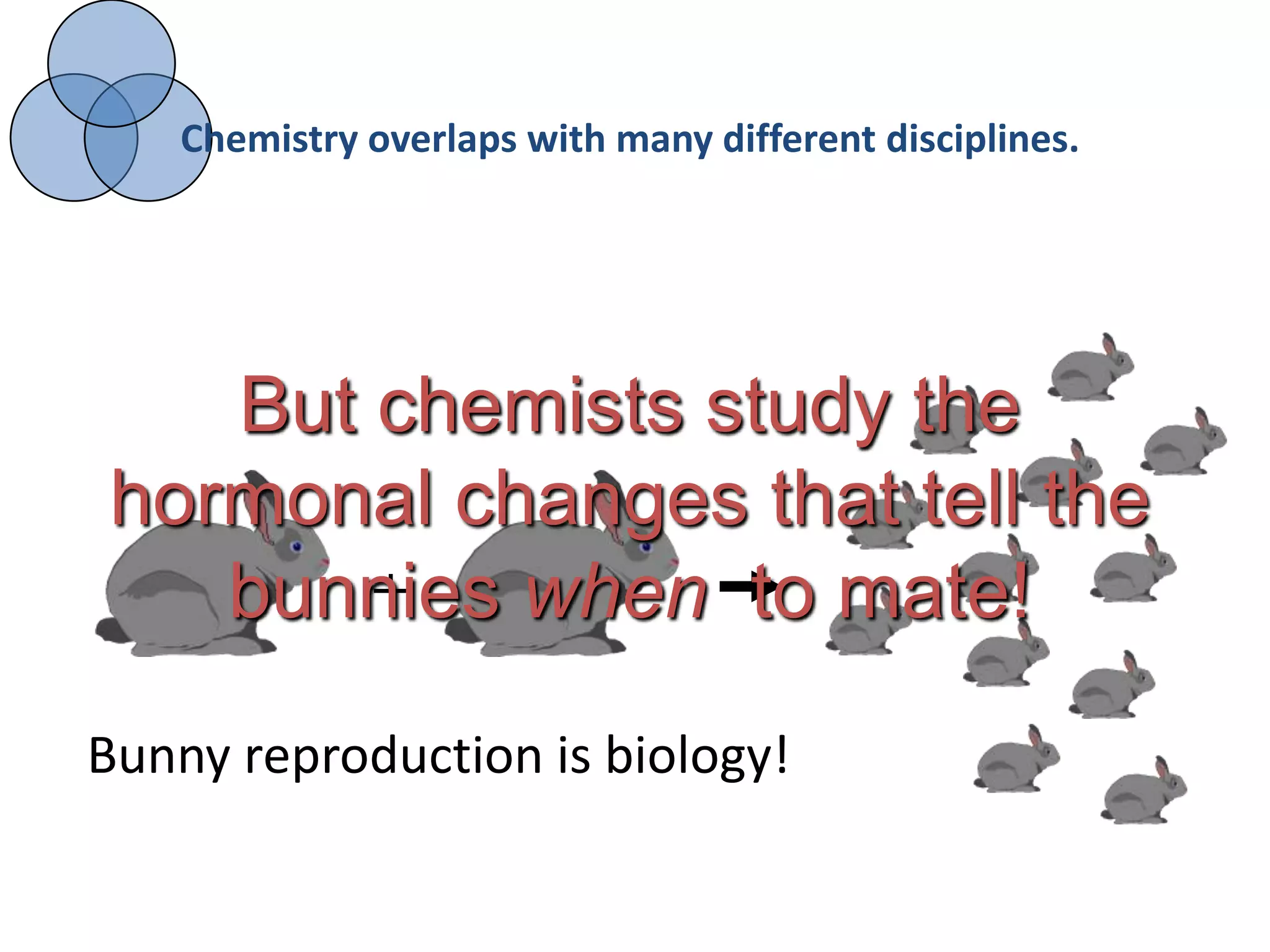 Chemistry overlaps with many different disciplines.




   But chemists study the
hormonal changes that tell the
   bunnies when to mate!
       +

Bunny reproduction is biology!
 