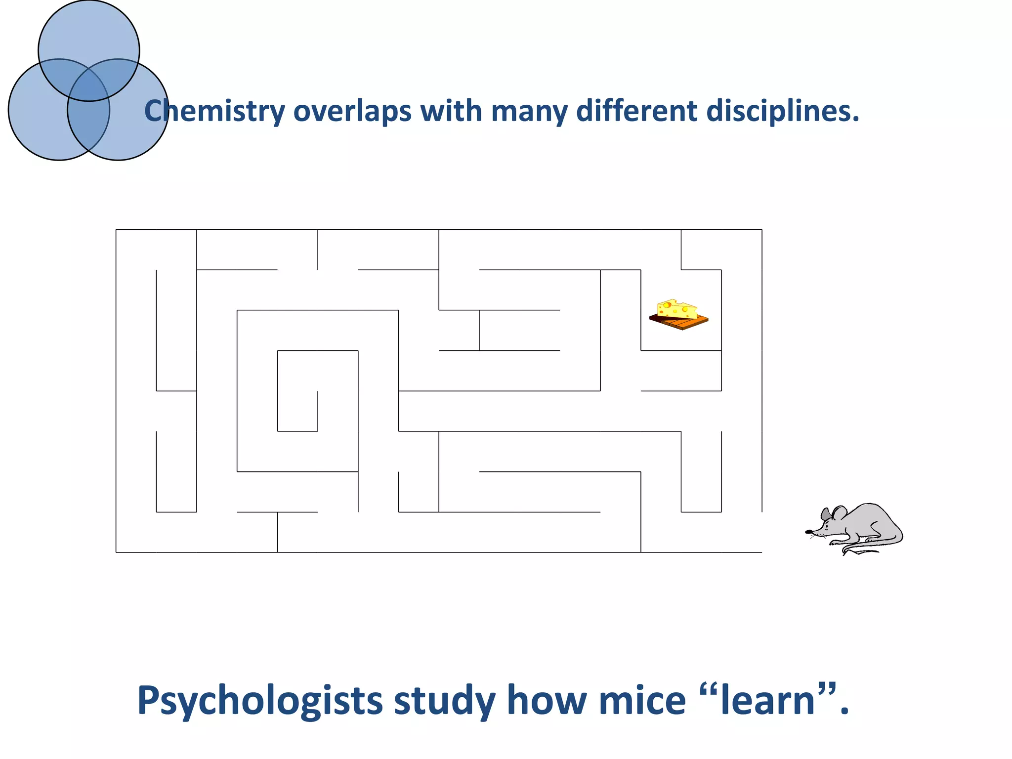 Chemistry overlaps with many different disciplines.




Psychologists study how mice “learn”.
 