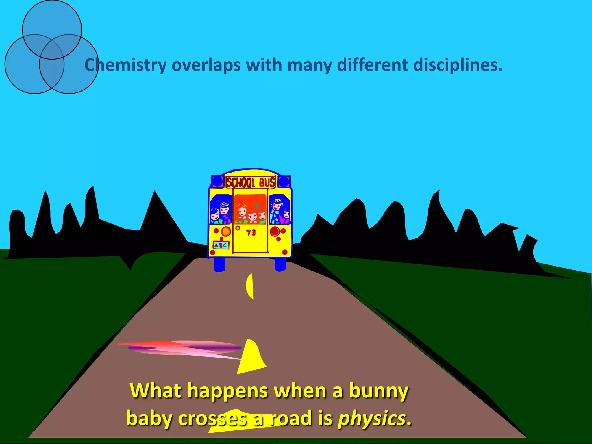 Chemistry overlaps with many different disciplines.




     What happens when a bunny
     baby crosses a road is physics.
 