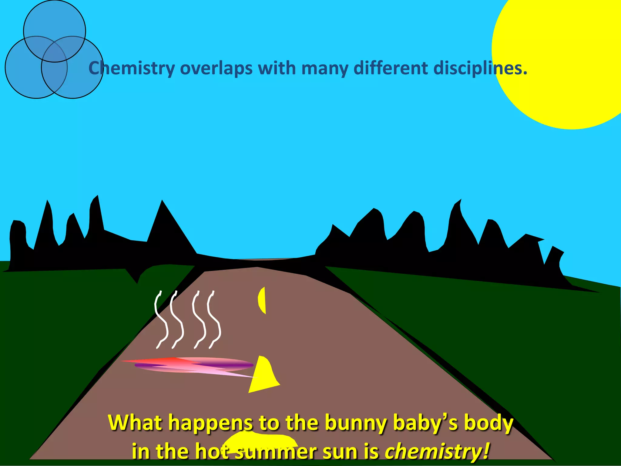 Chemistry overlaps with many different disciplines.




  What happens to the bunny baby‟s body
   in the hot summer sun is chemistry!
 
