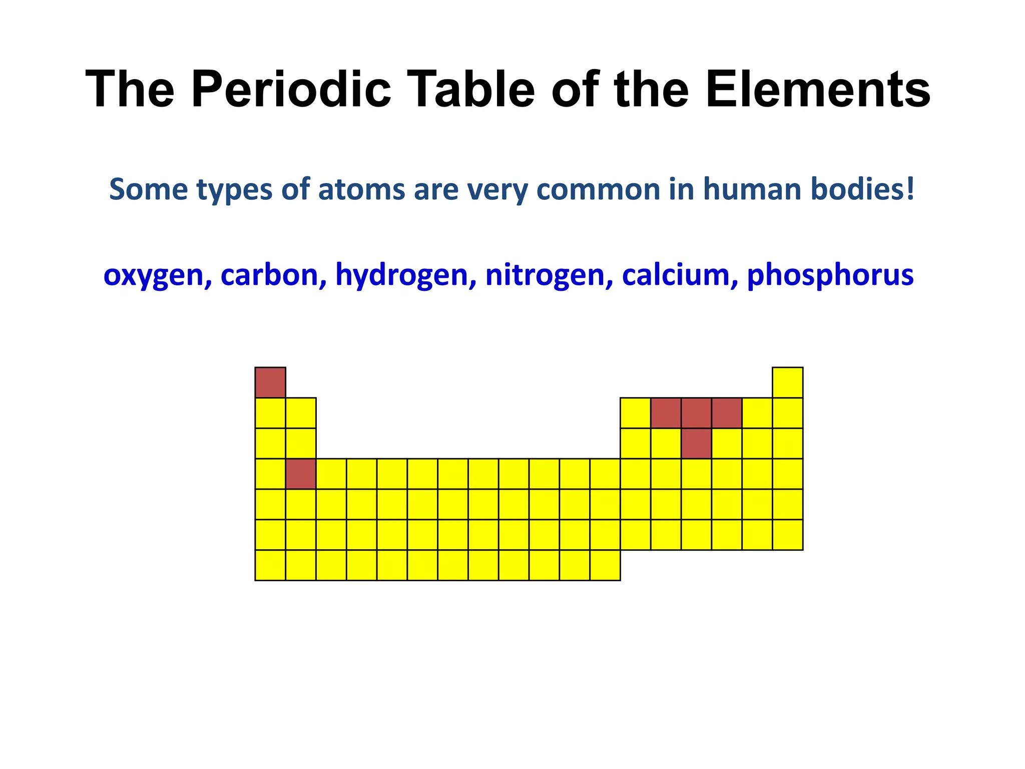 The Periodic Table of the Elements
Some types of atoms are very common in human bodies!

oxygen, carbon, hydrogen, nitrogen, calcium, phosphorus
 