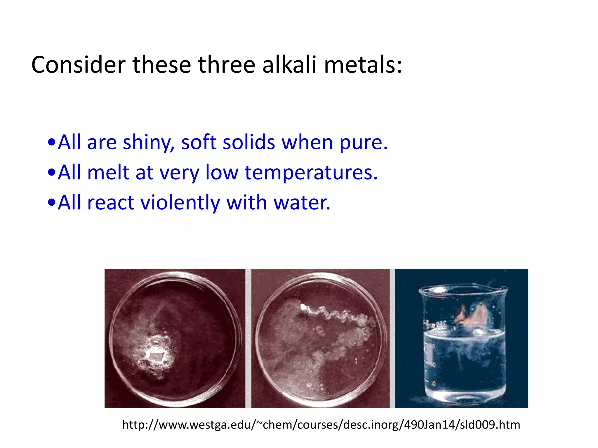 Consider these three alkali metals:

 •All are shiny, soft solids when pure.
 •All melt at very low temperatures.
 •All react violently with water.




         http://www.westga.edu/~chem/courses/desc.inorg/490Jan14/sld009.htm
 