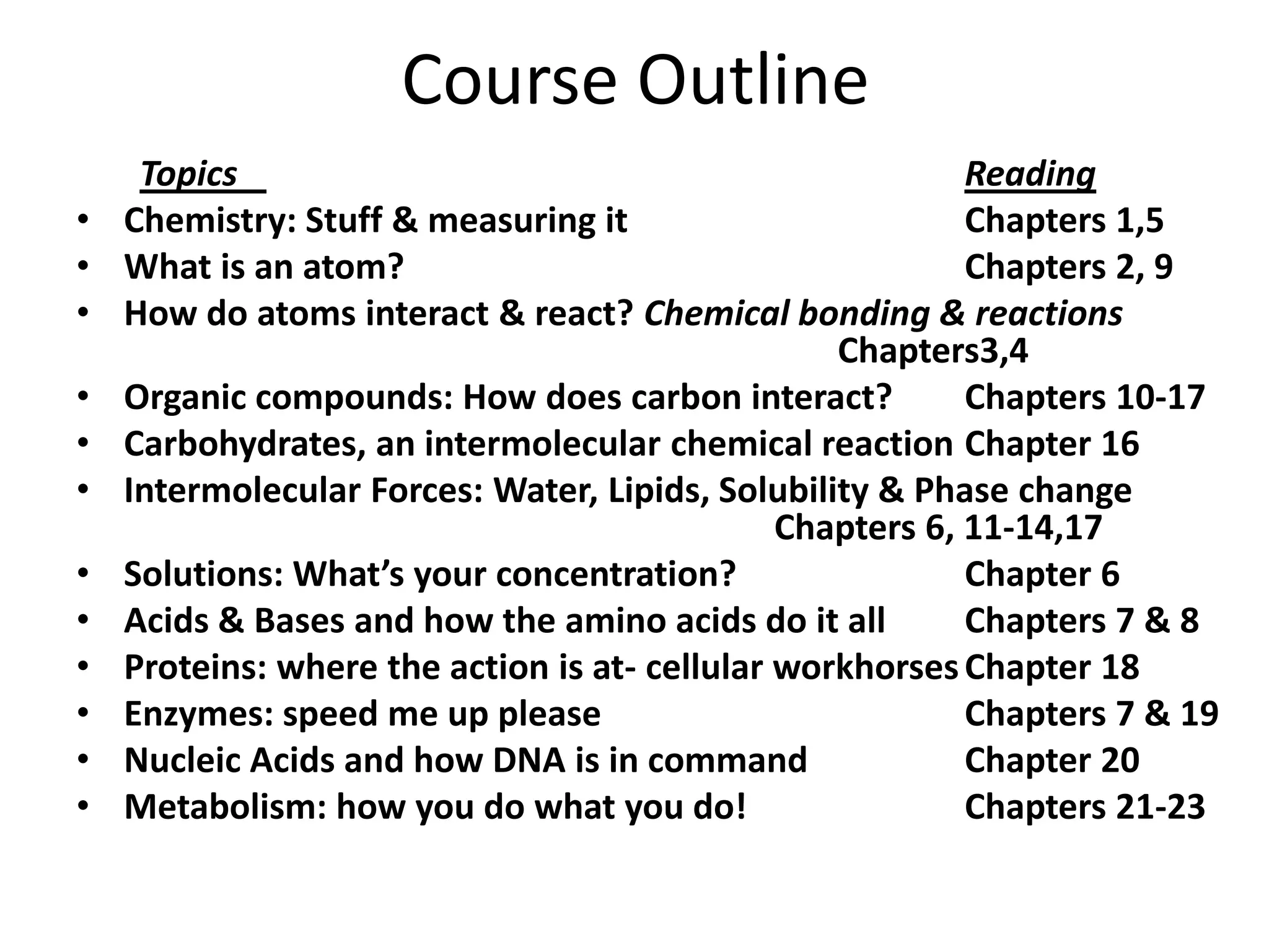 Course Outline
     Topics                                                Reading
•   Chemistry: Stuff & measuring it                        Chapters 1,5
•   What is an atom?                                       Chapters 2, 9
•   How do atoms interact & react? Chemical bonding & reactions
                                                  Chapters3,4
•   Organic compounds: How does carbon interact?           Chapters 10-17
•   Carbohydrates, an intermolecular chemical reaction Chapter 16
•   Intermolecular Forces: Water, Lipids, Solubility & Phase change
                                               Chapters 6, 11-14,17
•   Solutions: What’s your concentration?                  Chapter 6
•   Acids & Bases and how the amino acids do it all        Chapters 7 & 8
•   Proteins: where the action is at- cellular workhorses Chapter 18
•   Enzymes: speed me up please                            Chapters 7 & 19
•   Nucleic Acids and how DNA is in command                Chapter 20
•   Metabolism: how you do what you do!                    Chapters 21-23
 