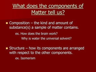 What does the components of
Matter tell us?
 Composition – the kind and amount of
substance(s) a sample of matter contains.
ex. How does the brain work?
Why is water the universal solvent?
 Structure – how its components are arranged
with respect to the other components.
ex. Isomerism
 