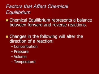 Factors that Affect Chemical
Equilibrium
 Chemical Equilibrium represents a balance
between forward and reverse reactions.
 Changes in the following will alter the
direction of a reaction:
– Concentration
– Pressure
– Volume
– Temperature
 