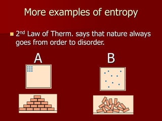 More examples of entropy
 2nd Law of Therm. says that nature always
goes from order to disorder.
A B
 