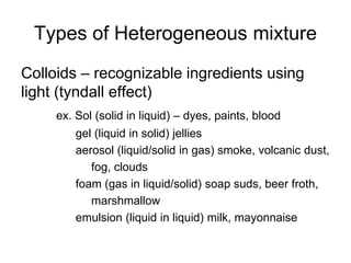 Types of Heterogeneous mixture
Colloids – recognizable ingredients using
light (tyndall effect)
ex. Sol (solid in liquid) – dyes, paints, blood
gel (liquid in solid) jellies
aerosol (liquid/solid in gas) smoke, volcanic dust,
fog, clouds
foam (gas in liquid/solid) soap suds, beer froth,
marshmallow
emulsion (liquid in liquid) milk, mayonnaise
 