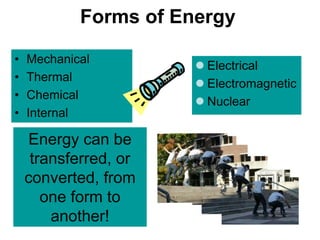 Forms of Energy
• Mechanical
• Thermal
• Chemical
• Internal
 Electrical
 Electromagnetic
 Nuclear
Energy can be
transferred, or
converted, from
one form to
another!
 