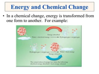 Energy and Chemical Change
• In a chemical change, energy is transformed from
one form to another. For example:
 