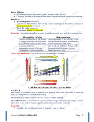 Aman Bathla (9034186096) Page 10
Factor Affecting
 Size of atom (electro-negativity increases with decreasing the size)
 Charge on the ion (electro-negativity increases with increasing the magnitude of charge)
Periodicity
 Across the periods- increases
Explanation: The attraction between the valance electron(s) & the nucleus increases as
atomic size decreases in period.
 Down the group- decreases
Explanation: Atomic size increases.
Remember: Metals have low electro-negativities and non-metals have high electro-negativities.
Electron Gain Enthalpy Electro-negativity
Electron gain enthalpy is the amount
of energy released when an electron
is added in an isolated gaseous atom.
Electro-negativity is the tendency of an
atom to attract the shared pair electrons
towards itself in covalent bond.
Measured in kJ/mol Unit-less & can be find by Pauling scale
Measures the amount of energy Measures the ability to gain electron
Can be either positive or negative Always a positive value
Add to your knowledge: Fluorine is the most electro-negative element.
PERIODIC TRENDS IN CHEMICAL PROPERTIES
VALENCY
The number of electrons which an atom loses or gains or shares with other atom to attain the
noble gas configuration is termed as its valency.
The electrons present in outermost shell are called as valence electron.
The oxidation state of an element in a given compound may be defined as the charge acquired
by its atom on the basis of electro-negativity of the other atoms in the molecule.
Remember:
 Nowadays the term Oxidation state is frequently used as valance.
 
