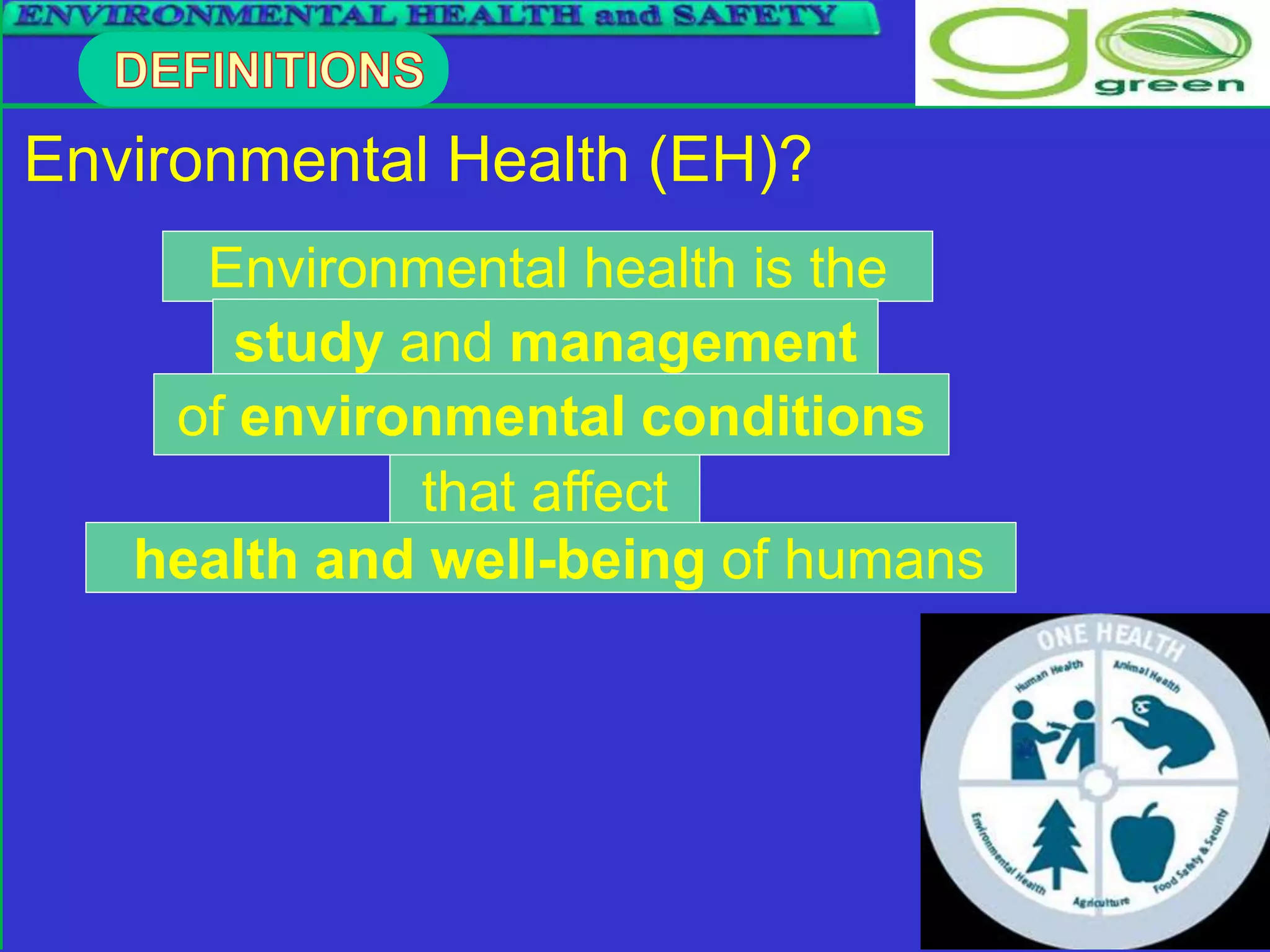 Environmental health is the
Environmental Health (EH)?
study and management
of environmental conditions
that affect
health and well-being of humans
 