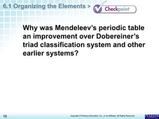 6.1 Organizing the Elements >
16 Copyright © Pearson Education, Inc., or its affiliates. All Rights Reserved.
.
Why was Mendeleev’s periodic table
an improvement over Dobereiner’s
triad classification system and other
earlier systems?
 