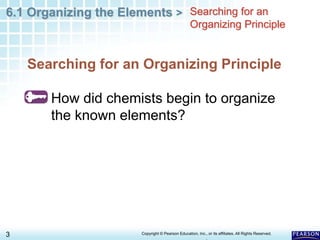 6.1 Organizing the Elements >
3 Copyright © Pearson Education, Inc., or its affiliates. All Rights Reserved.
.
Searching for an Organizing Principle
How did chemists begin to organize
the known elements?
Searching for an
Organizing Principle
 