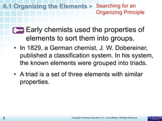 6.1 Organizing the Elements >
5 Copyright © Pearson Education, Inc., or its affiliates. All Rights Reserved.
.
Searching for an
Organizing Principle
• In 1829, a German chemist, J. W. Dobereiner,
published a classification system. In his system,
the known elements were grouped into triads.
• A triad is a set of three elements with similar
properties.
Early chemists used the properties of
elements to sort them into groups.
 
