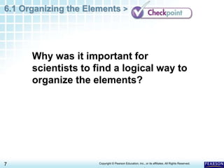6.1 Organizing the Elements >
7 Copyright © Pearson Education, Inc., or its affiliates. All Rights Reserved.
.
Why was it important for
scientists to find a logical way to
organize the elements?
 