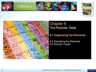 6.1 Organizing the Elements >
1 Copyright © Pearson Education, Inc., or its affiliates. All Rights Reserved.
.
Chapter 6
The Periodic Table
6.1 Organizing the Elements
6.2 Classifying the Elements
6.3 Periodic Trends
 