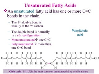Unsaturated Fatty Acids
An unsaturated fatty acid has one or more C=C
bonds in the chain
C
O
OCH2CH2
C C
CH2
CH2
CH2
CH2
CH2
CH2
HH
CH2
CH2
CH2
CH2
CH3
Palmitoleic
acid
– The 1st
double bond is
usually at the 9th
carbon
– The double bond is normally
in a cis configuration
– Monounsaturated one C=C
– Polyunsaturated  more than
one C=C bond
Oleic Acid, 18:1(9)is the most common unsaturated fatty acid in nature
 