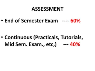 ASSESSMENT
• End of Semester Exam ---- 60%
• Continuous (Practicals, Tutorials,
Mid Sem. Exam., etc,) --- 40%
 