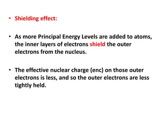 • Shielding effect:
• As more Principal Energy Levels are added to atoms,
the inner layers of electrons shield the outer
electrons from the nucleus.
• The effective nuclear charge (enc) on those outer
electrons is less, and so the outer electrons are less
tightly held.
 