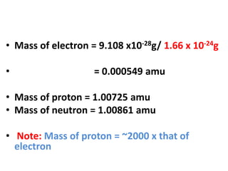• Mass of electron = 9.108 x10-28g/ 1.66 x 10-24g
• = 0.000549 amu
• Mass of proton = 1.00725 amu
• Mass of neutron = 1.00861 amu
• Note: Mass of proton = ~2000 x that of
electron
 