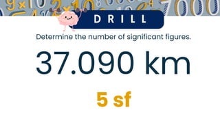 D R I L L
Determine the number of significant figures.
37.090 km
5 sf
 