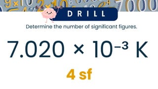 D R I L L
Determine the number of significant figures.
7.020 × 10⁻³ K
4 sf
 