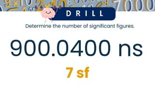 D R I L L
Determine the number of significant figures.
900.0400 ns
7 sf
 